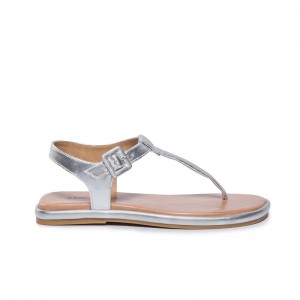 Women Bernardo Tucson T-Strap Flat Sandals Silver | UBL10024DQ