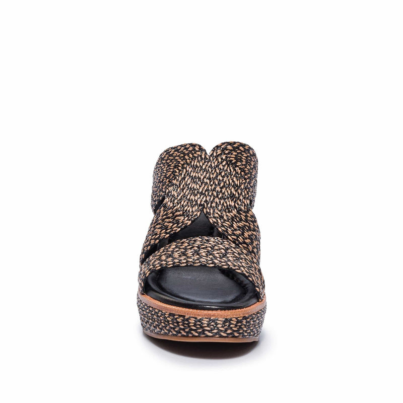 Women Bernardo Kaian Raffia Wedge Sandals Black Brown | BUS8437NE