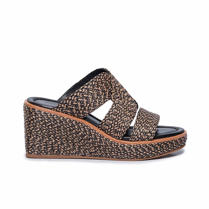 Women Bernardo Kaian Raffia Wedge Sandals Black Brown | BUS8437NE