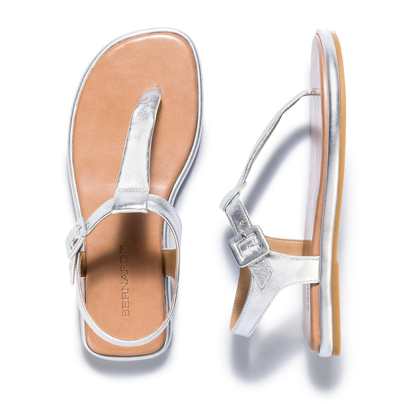 Women Bernardo Tucson T-Strap Flat Sandals Silver | UBL10024DQ